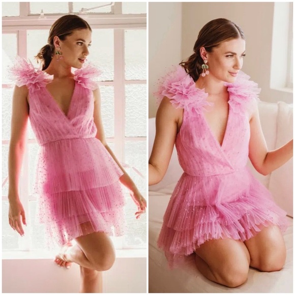 Monique Lhuillier Bubblegum Tulle Dress Sz 8 Tiered Ruffle Party Mini Dress - Picture 1 of 15